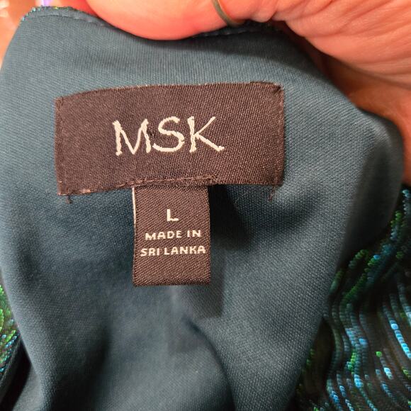 MSK Women's Blue Green Metallic V-Neck Balloon Waist Split Sleeve  Lined Sie L - Picture 10 of 12